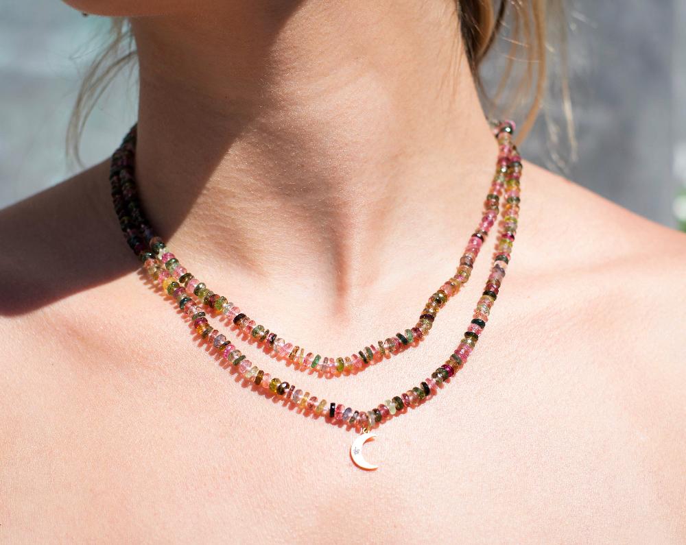 Andrea Fohrman Tourmaline Tire Beaded Necklace With Crescent Charm