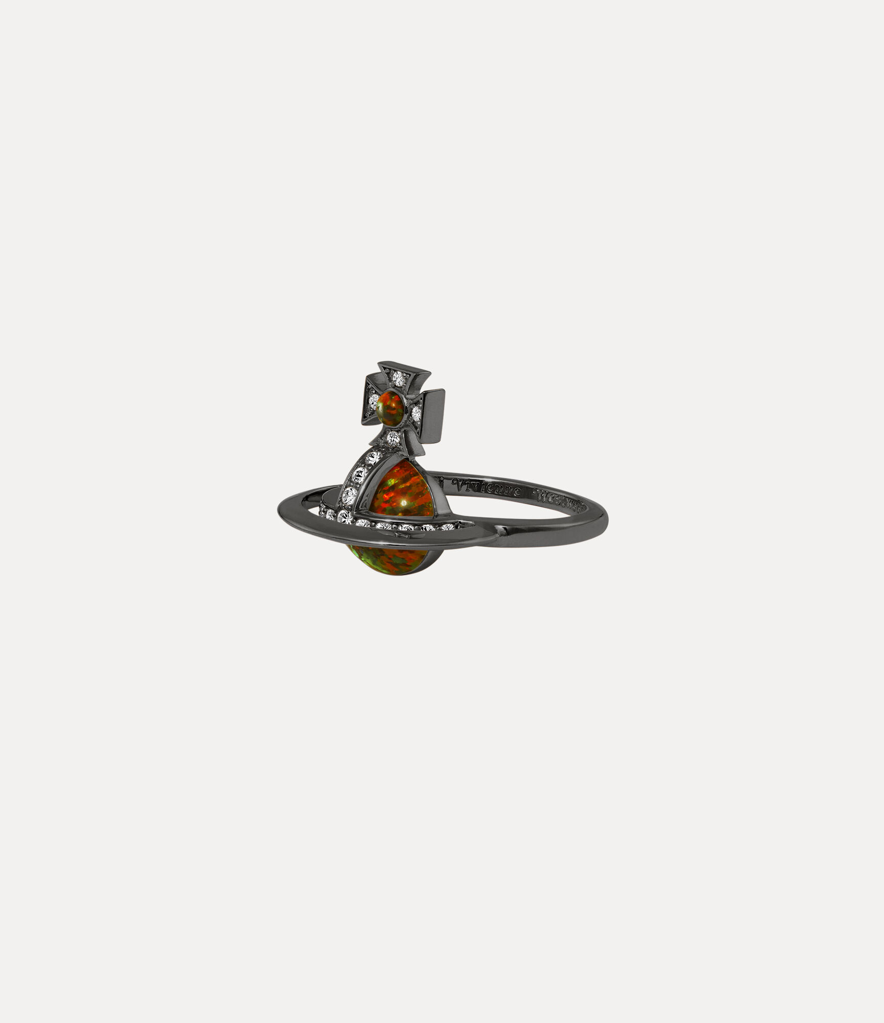 Andreas Kronthaler For Vivienne Westwood Franca Ring RUTHENIUM / WHITE CZ / OLIVE Synthetic Opal