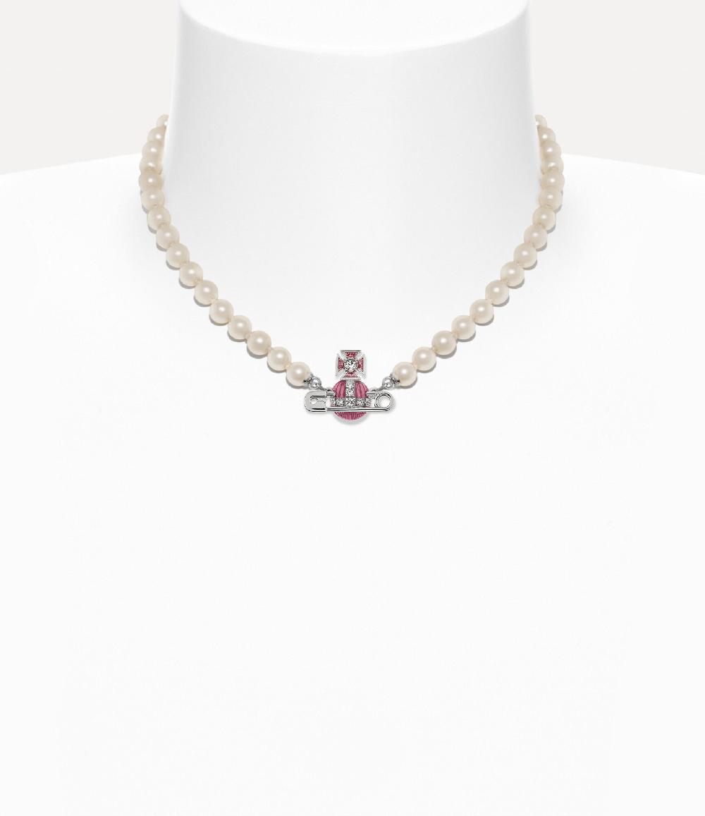 andreas kronthaler for vivienne westwood Kitty Pearl Necklace : PLATINUM / WHITE Crystal / LIGHT ROSE ENAMEL