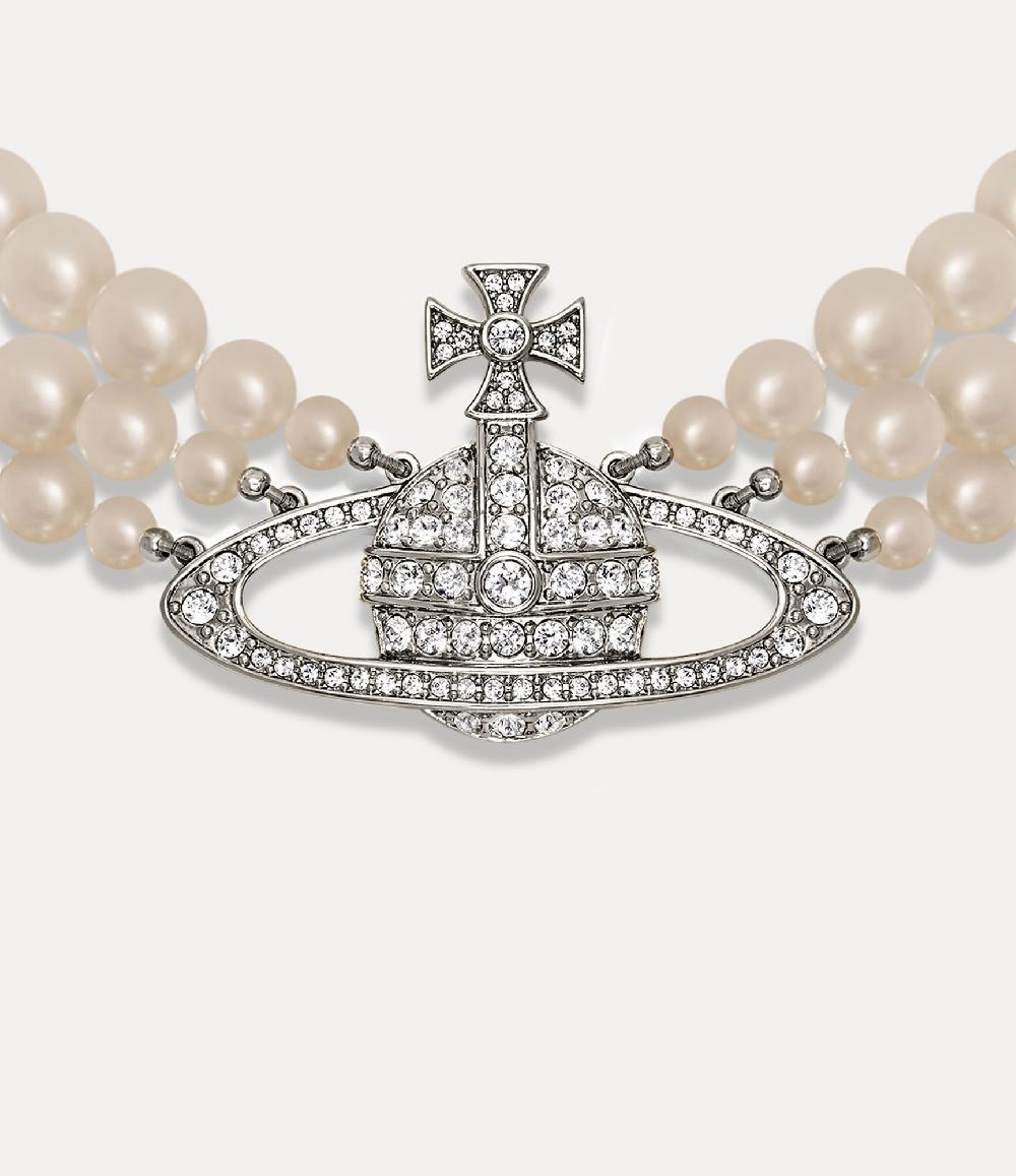 Andreas Kronthaler For Vivienne Westwood Three Row Pearl Bas Relief Choker PLATINUM/PEARL/CRYSTAL