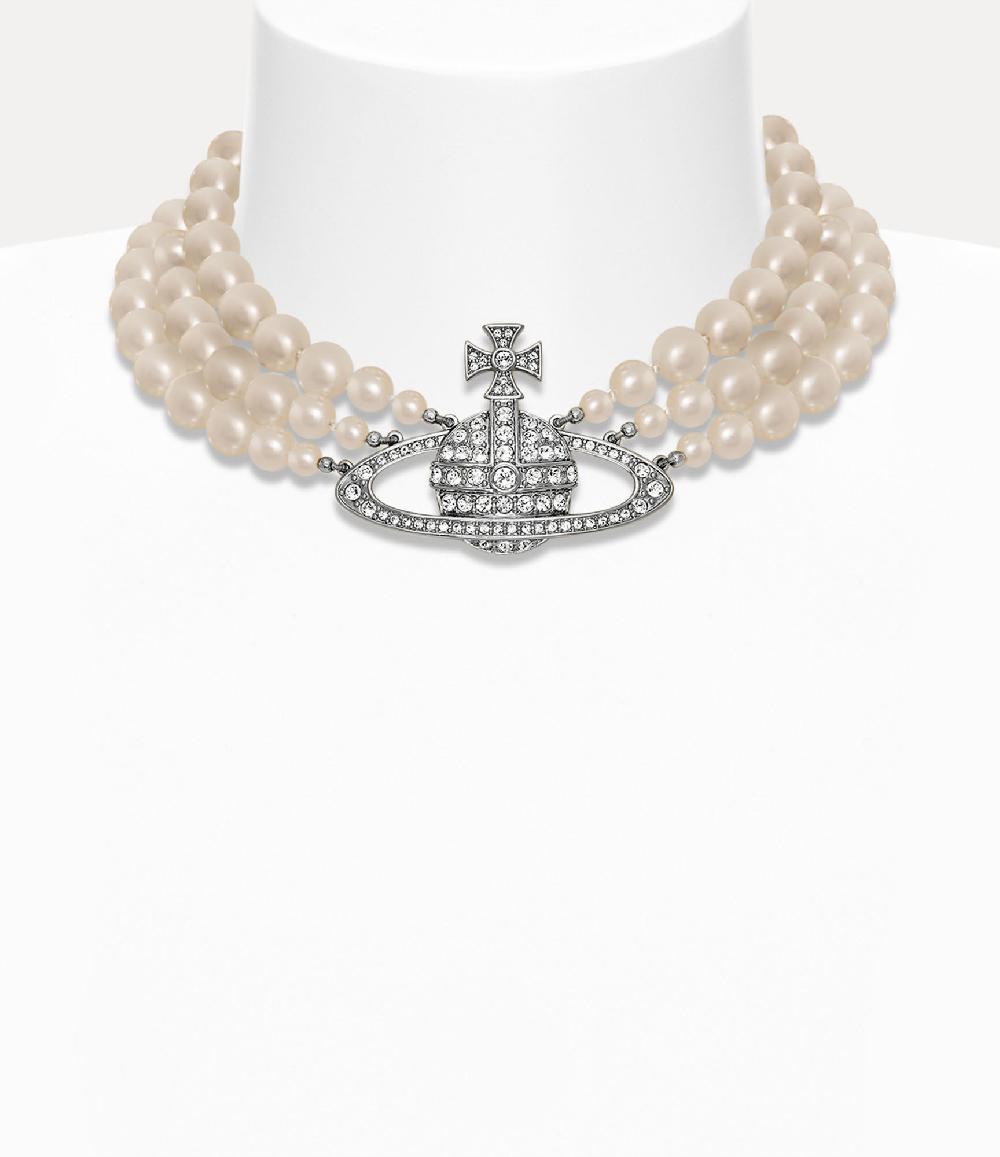 andreas kronthaler for vivienne westwood Three Row Pearl Bas Relief Choker PLATINUM/PEARL/CRYSTAL