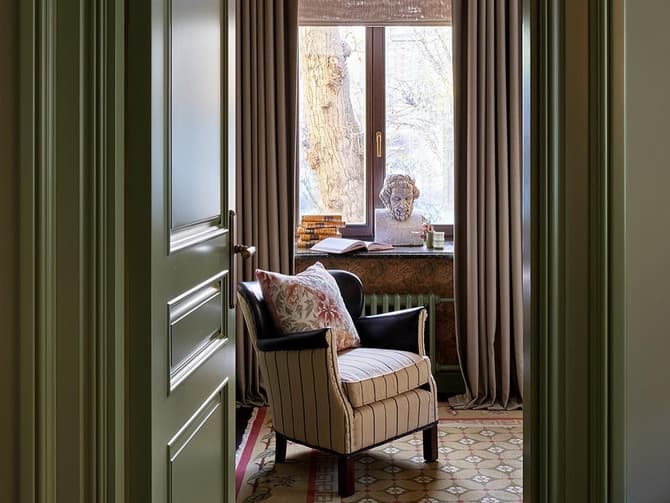 Andrew Martin Armchair In Brown Leather And Ticking Stripe Fabric