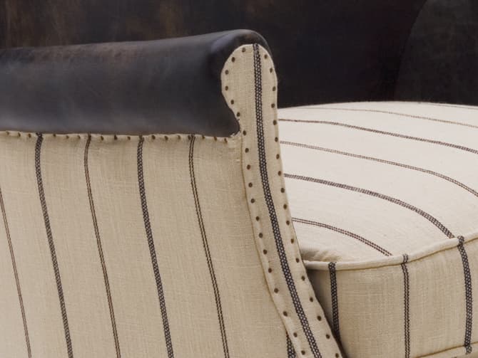 Andrew Martin Armchair In Brown Leather And Ticking Stripe Fabric