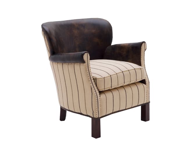 andrew martin Armchair in brown leather and ticking stripe fabric