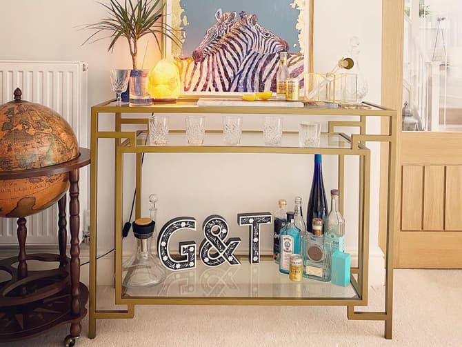 Andrew Martin Art-deco Style Console Table With Gold Frame And Glass Shelves