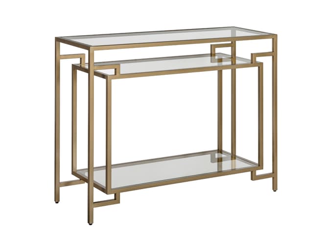 andrew martin Art-deco style console table with gold frame and glass shelves