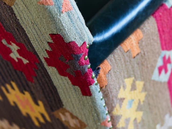 Andrew Martin Brown Leather Armchair With Colourful Kilim Back And Sides