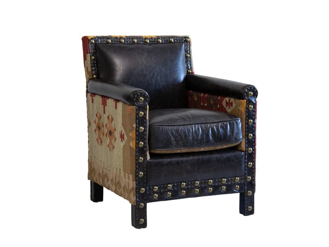 Andrew Martin Brown Leather Armchair With Colourful Kilim Back And Sides