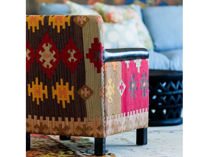Andrew Martin Brown Leather Armchair With Colourful Kilim Back And Sides