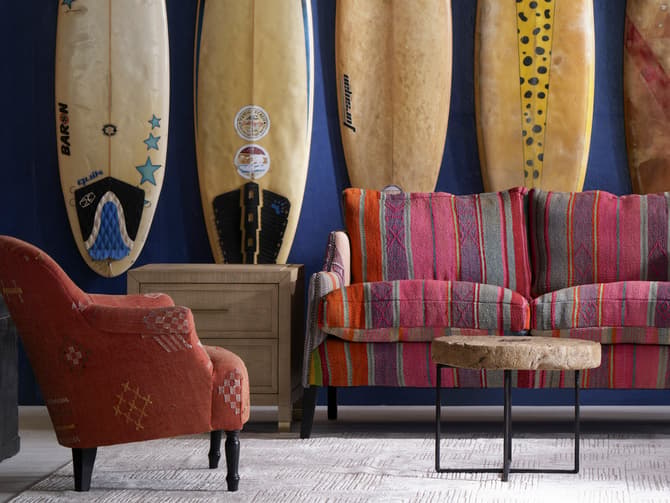 Andrew Martin Curved Armchair In Orange Moroccan Fabric