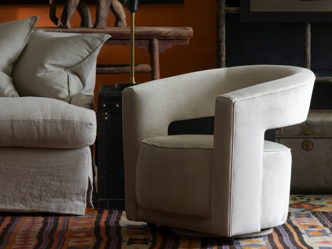 Andrew Martin Modern Swivel Chair Upholstered In Stone Velvet
