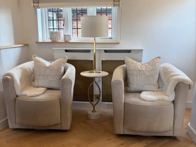Andrew Martin Modern Swivel Chair Upholstered In Stone Velvet