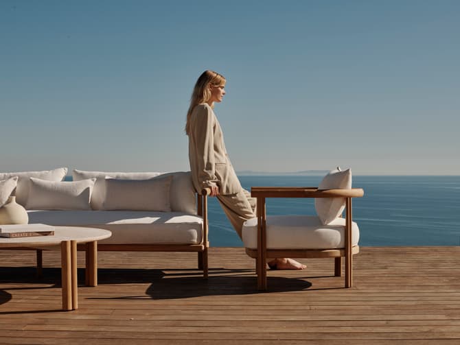 Andrew Martin Outdoor Coffee Table In Teak And Travertine