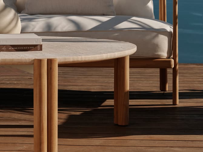 Andrew Martin Outdoor Coffee Table In Teak And Travertine