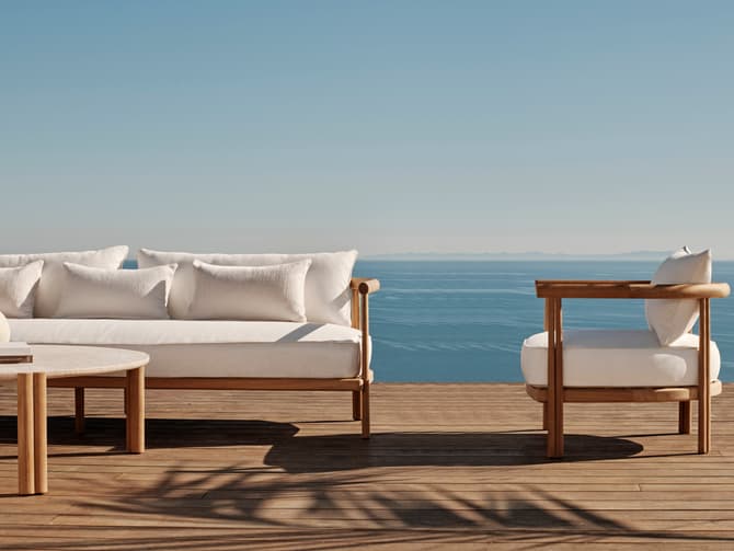 Andrew Martin Outdoor Coffee Table In Teak And Travertine