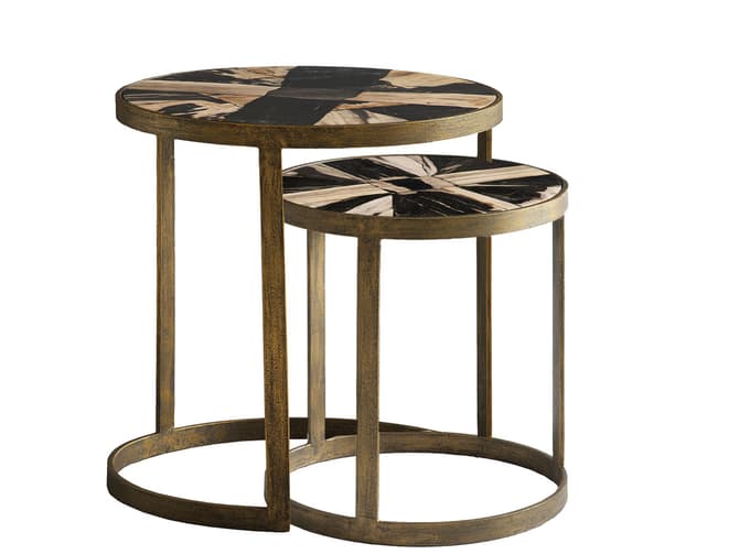 andrew martin Petrified wood top round nesting table with brass frame