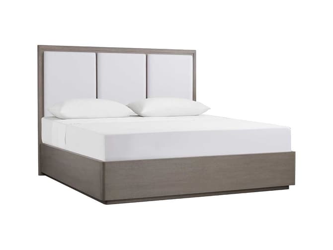Andrew Martin Smoked Oak Bed Frame And White Linen Headboard
