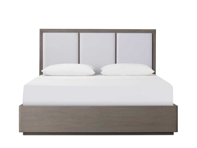 andrew martin Smoked oak bed frame and white linen headboard