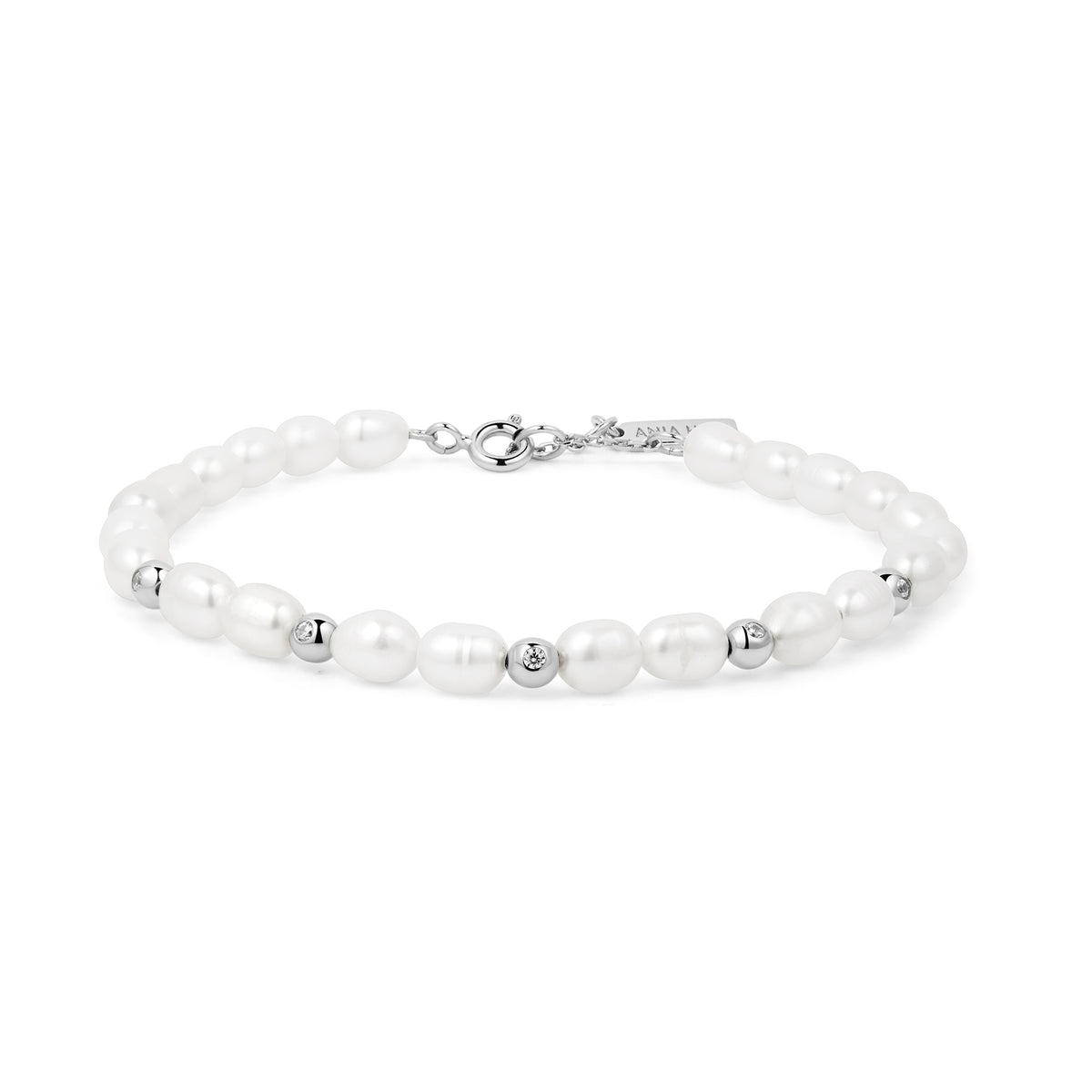 ania haie Silver Freshwater Pearl and White Cubic Zirconia Bezel Set Bracelet