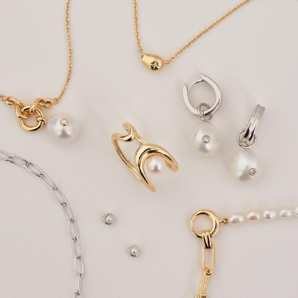 Ania Haie Silver Pearl Drop Sparkle Huggie Hoop Earrings