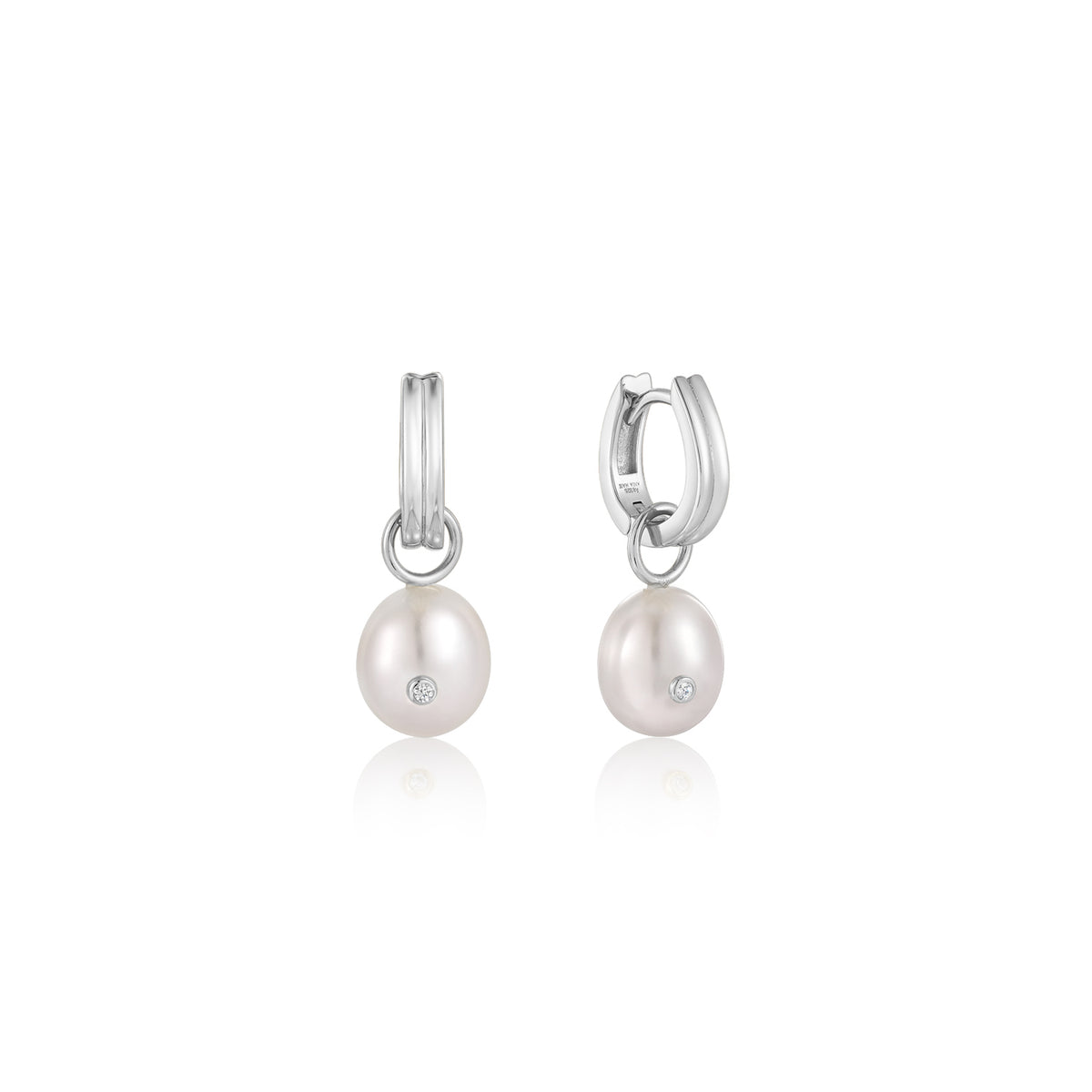ania haie Silver Pearl Drop Sparkle Huggie Hoop Earrings