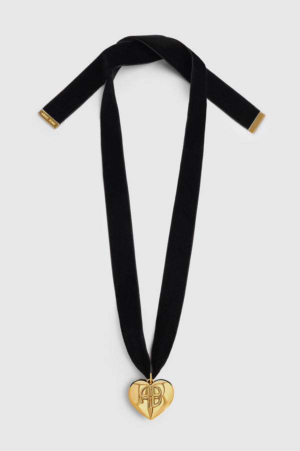 anissa kermiche Chunky Heart Velvet Choker - Black And Gold
