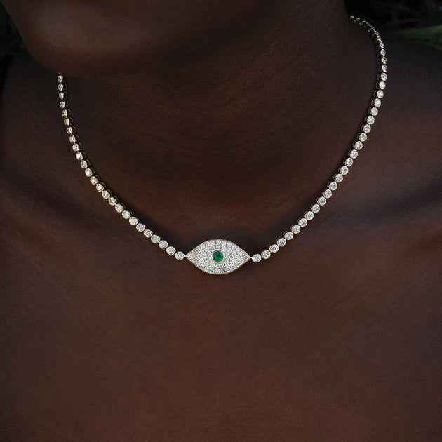 Anita Ko DIAMOND EVIL EYE CHOKER WITH EMERALD EYE