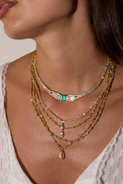 Anita Ko BAGUETTE AND ROUND DIAMOND CHOKER WITH EMERALD CUT COLOMBIAN EMERALD CENTER