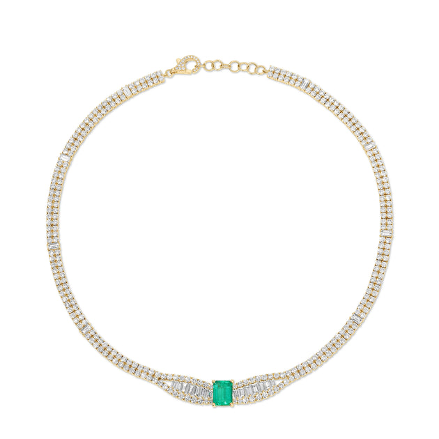 anita ko BAGUETTE AND ROUND DIAMOND CHOKER WITH EMERALD CUT COLOMBIAN EMERALD CENTER