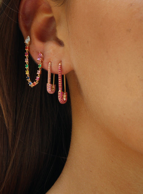 Anita Ko DOUBLE PIERCING LOOP EARRING WITH DIAMOND AND PINK SAPPHIRE PEAR STUDS
