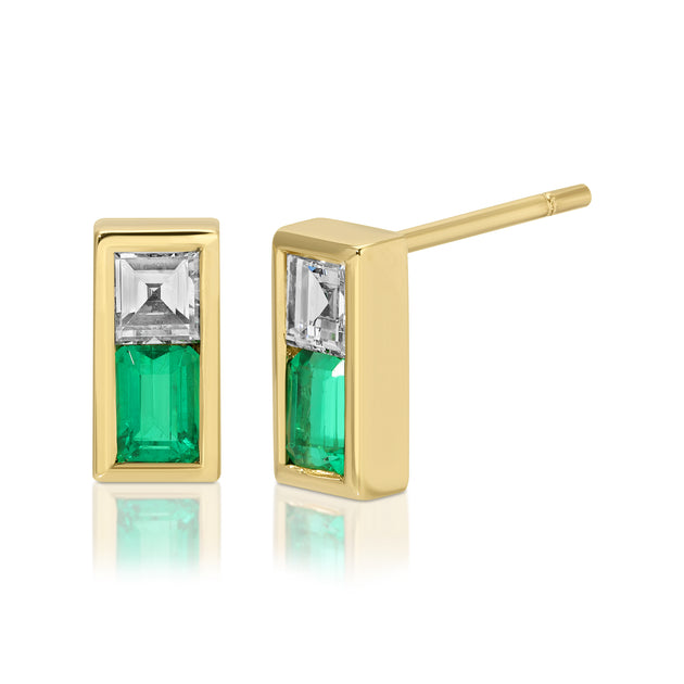 anita ko EMERALD CUT EMERALD AND CARRE CUT DIAMOND STUD EARRINGS