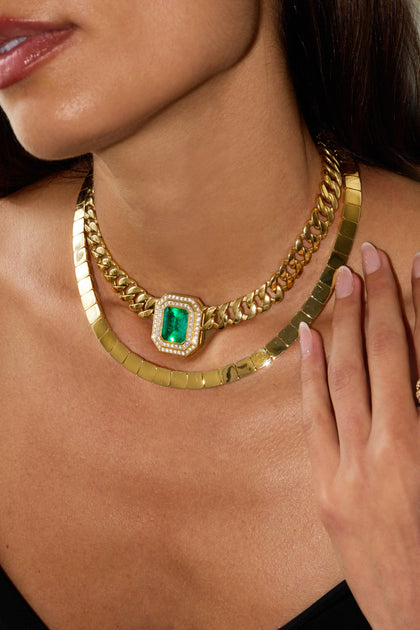 Anita Ko LARGE CUBAN LINK NECKLACE WITH EMERALD CUT EMERALD CENTER