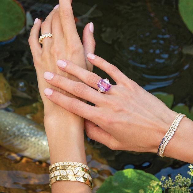 Anita Ko PINK SAPPHIRE CUSHION CUT RING WITH TRAPEZOID DIAMONDS