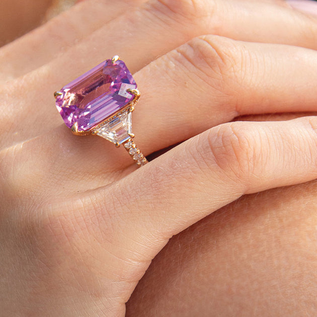 Anita Ko PINK SAPPHIRE CUSHION CUT RING WITH TRAPEZOID DIAMONDS