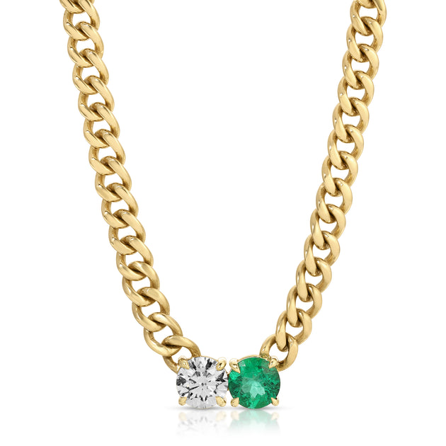 Anita Ko SMALL CUBAN CHAIN CHOKER WITH ROUND EMERALD AND DIAMOND CENTER