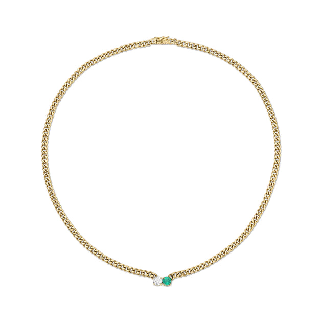 anita ko SMALL CUBAN CHAIN CHOKER WITH ROUND EMERALD AND DIAMOND CENTER