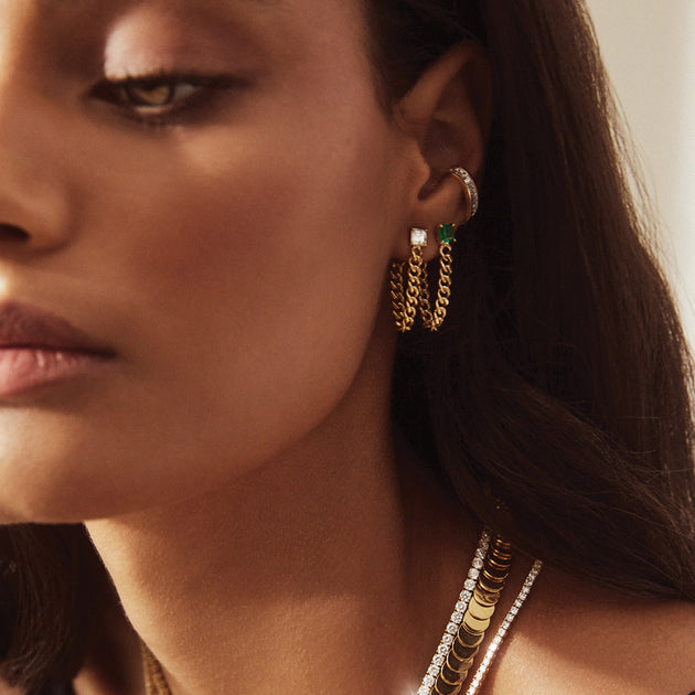 Anita Ko SQUARE CUT EMERALD CUBAN LINK LOOP EARRING