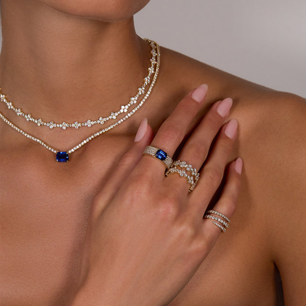 Anita Ko WIDE DIAMOND BAND WITH EMERALD CUT BLUE SAPPHIRE CENTER