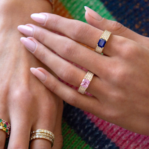 Anita Ko WIDE DIAMOND BAND WITH EMERALD CUT BLUE SAPPHIRE CENTER