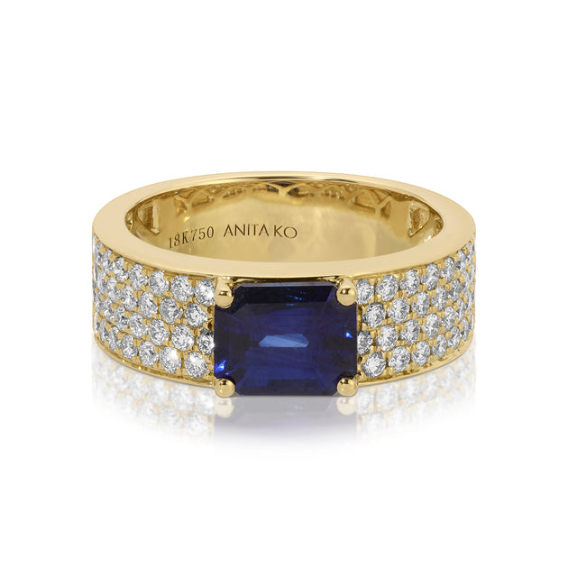 anita ko WIDE DIAMOND BAND WITH EMERALD CUT BLUE SAPPHIRE CENTER