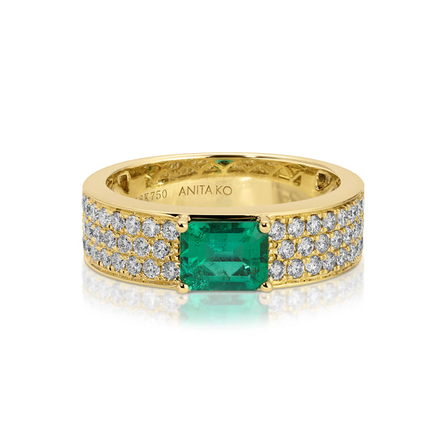 anita ko WIDE DIAMOND BAND WITH EMERALD CUT COLOMBIAN EMERALD CENTER