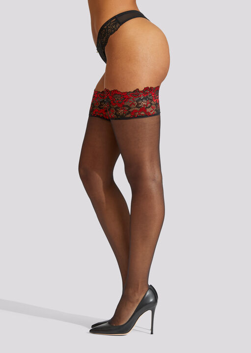 Ann Summers Lace Top Contrast Hold Ups Black/Red