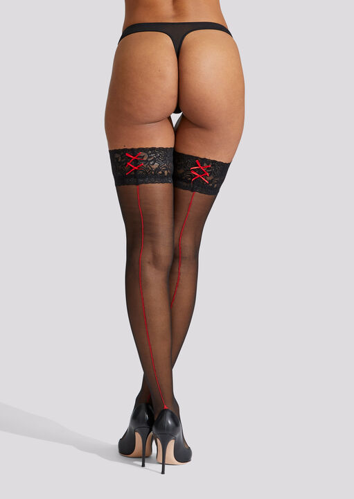 ann summers Lace Top Seamed Hold Ups Black/Red