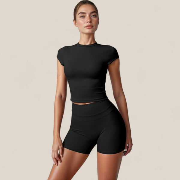 Anna Kaci Anna-Kaci Active Women's Fitted Crop Active Tee Short Sleeve Round Neck Stretch Performance Fabric - Small Beige