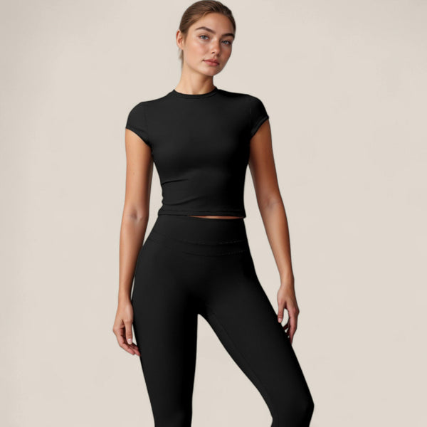 Anna Kaci Anna-Kaci Active Women's Fitted Crop Active Tee Short Sleeve Round Neck Stretch Performance Fabric - Small Beige