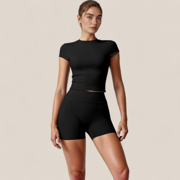 Anna Kaci Anna-Kaci Active Women's Fitted Crop Active Tee Short Sleeve Round Neck Stretch Performance Fabric - Small Beige