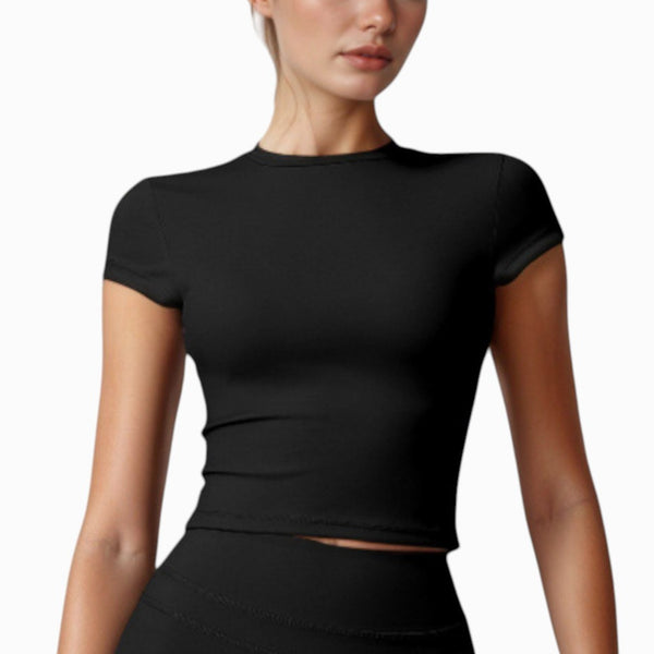 anna kaci Anna-Kaci Active Women's Fitted Crop Active Tee Short Sleeve Round Neck Stretch Performance Fabric - Small Beige