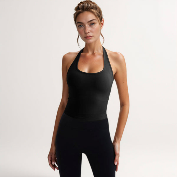 Anna Kaci Anna-Kaci Active Women's Halter Neck Cropped Tank Top With Built-In Bra And Stretch Fabric For Workout Or Casual Wear