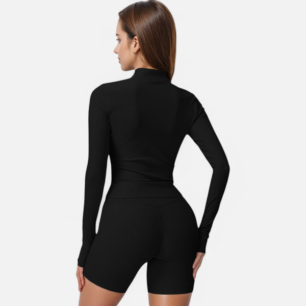 Anna Kaci Anna-Kaci Active Women's Long Sleeve Fitted Ribbed Knit Top With Zip Collar And Thumbhole Cuffs