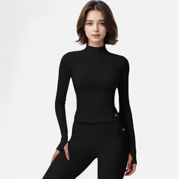anna kaci Anna-Kaci Active Women's Long Sleeve Fitted Ribbed Knit Top with Zip Collar and Thumbhole Cuffs